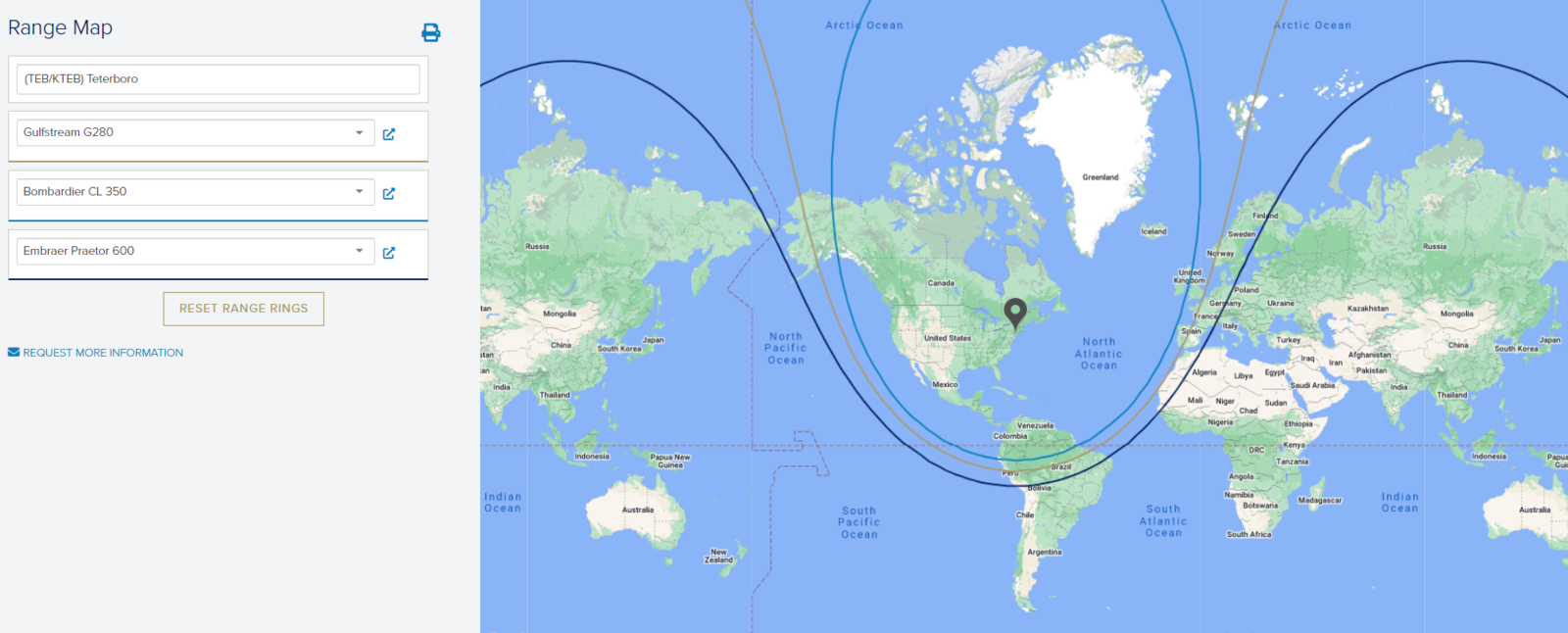 Figure 1: Aircraft Range Map - Range Rings Map by Guardian Jet