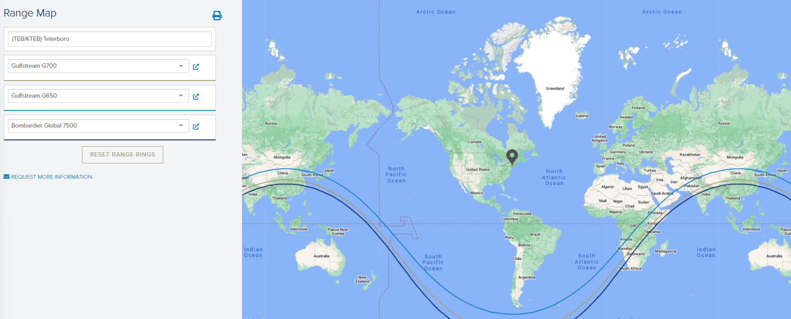 Figure 2: Aircraft Range Map - Range Rings Map by Guardian Jet