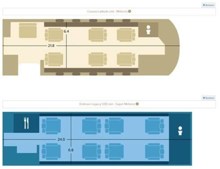 Image 1: Guardian Jet Aircraft Cabin Comparison Tool: Floor plan comparison for two mid-size jets.