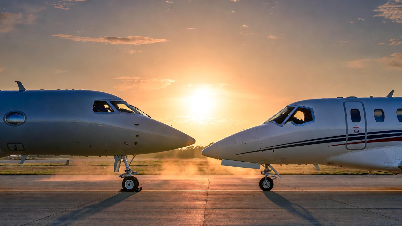 midsize jets in sunset